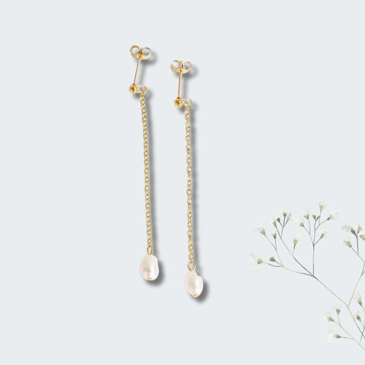 Grit Pearl Single Hanging Chain Earrings- 18kt Gold Plated With Real Pearls