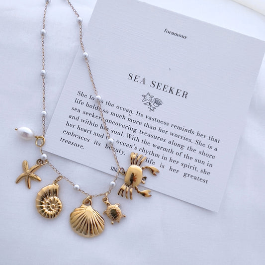 Beach girl Cowboy Charm Necklace with Pearl chain - 18K Gold Plated