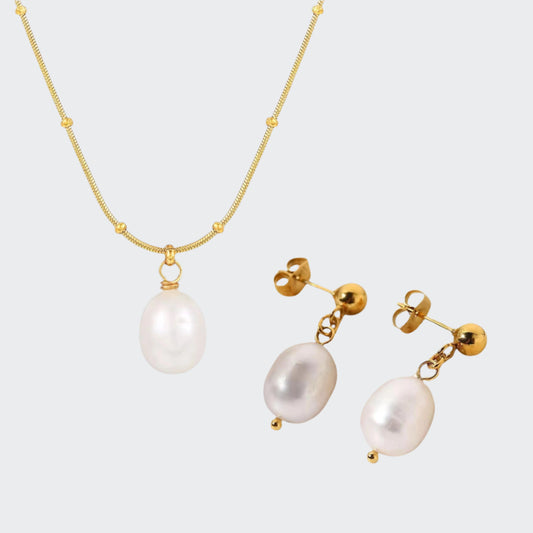 Grit Pearl Necklace & Earrings Combo- 18kt Gold Plated- Fresh Water Real Pearl