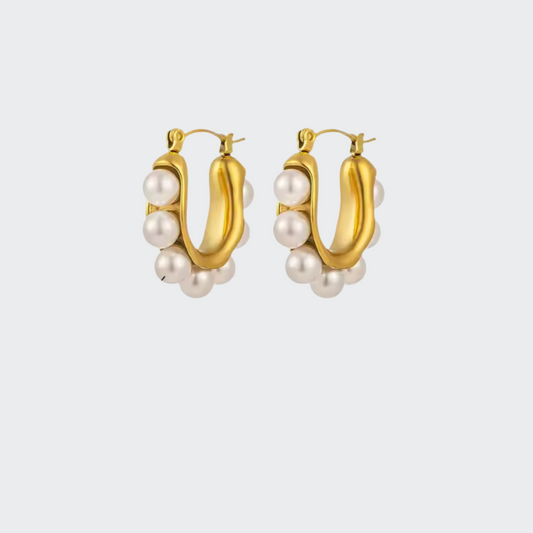 Pearl Hoop Oval Earrings - 18K Gold Plated