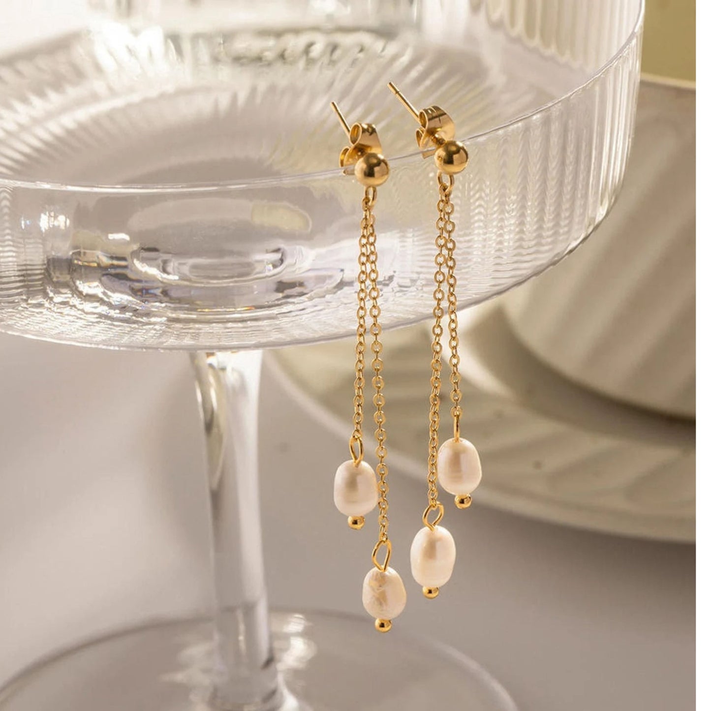 Grit Fresh Water Pearl Double Hanging Chain Earrings- 18kt Gold Plated With Real Pearls