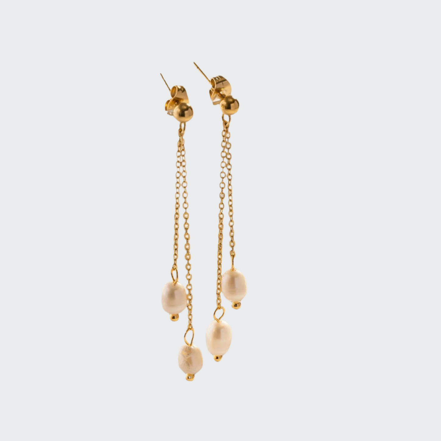 Grit Fresh Water Pearl Double Hanging Chain Earrings- 18kt Gold Plated With Real Pearls