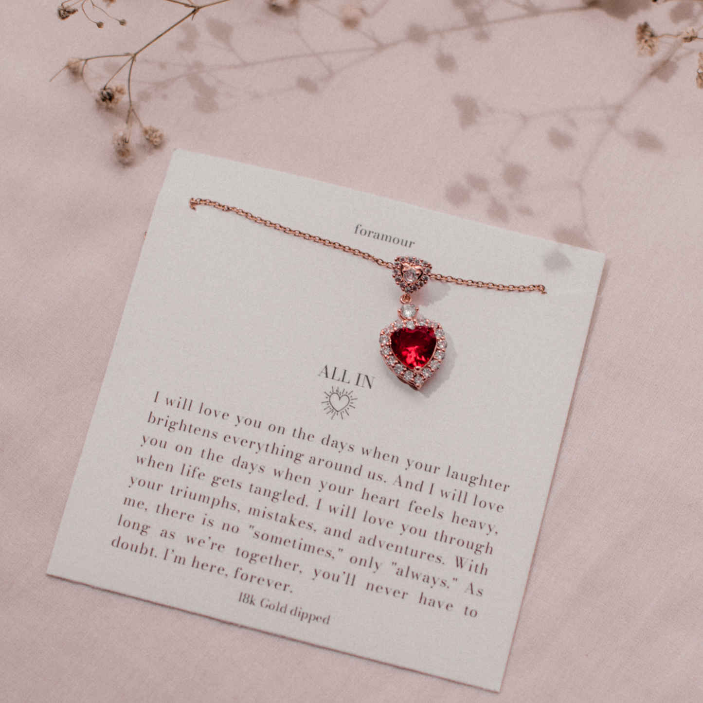 All In Ruby Heart Necklace - 18K Gold Plated